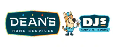 Header features Dean’s Home Services and DJS Heating, Air, Plumbing logos, with a cartoon dog mascot holding a wrench between them—setting the camp-like tone for friendly service.