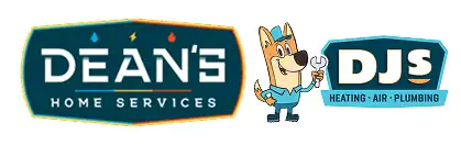 Dean's Home Services and DJS Heating Air Plumbing logos side by side, with a cartoon dog mascot holding a wrench between them.