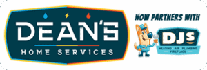 Dean's Home Services logo with water, lightning, and fire icons; next to "Now Partners With DJS" and a cartoon dog mascot in a mechanic outfit.