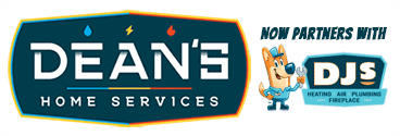 Dean's Home Services logo with water, lightning, and fire icons; next to "Now Partners With DJS" and a cartoon dog mascot in a mechanic outfit.