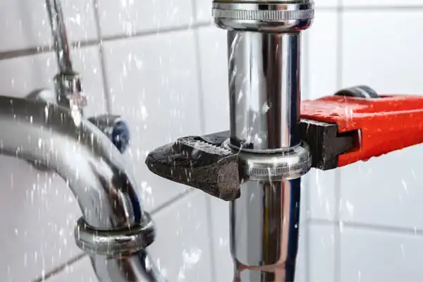 A pipe leaking water while being tightened with a red wrench, against a white tiled wall.