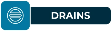 A blue icon with a circular drain symbol is followed by a black rectangle with the word "DRAINS" in white capital letters.