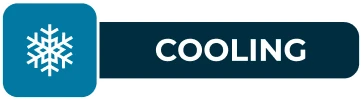 Icon with a snowflake and the word "COOLING" on a blue rectangle background.