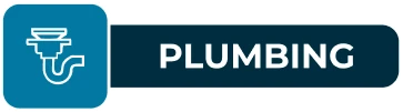 Blue and white plumbing icon with a pipe and drain on the left. The word "PLUMBING" is written in white letters on a dark blue rectangular background on the right.