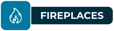 A teal and white icon with a flame symbol next to the word "Fireplaces" in bold.