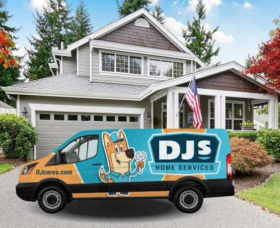 A DJS Home Services van is parked in the driveway of a suburban house with an American flag displayed on the porch.