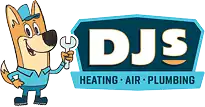 Logo for DJS Heating, Air, and Plumbing featuring a cartoon dog in a uniform holding a wrench, next to the company name and services.