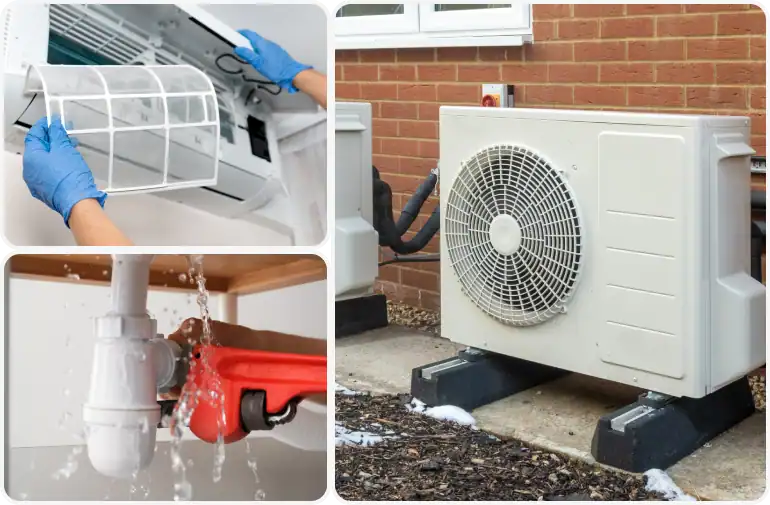 Collage showing an air conditioner filter being cleaned, a leaking pipe under a sink, and an outdoor HVAC unit on a concrete pad—tasks even DJs would appreciate for keeping the party cool and worry-free.