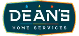 Logo for Dean's Home Services with icons of a water drop, lightning bolt, and flame above the name, representing plumbing, electrical, and heating services.