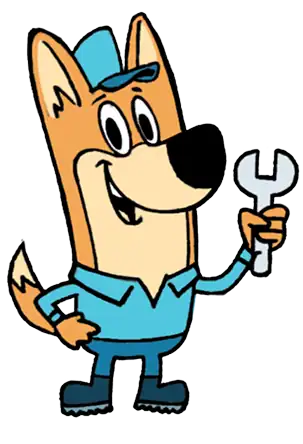 Cartoon dog wearing a blue uniform and hat, smiling, holding a wrench in one hand—ready to fix anything, just like DJs mix tracks to perfection.